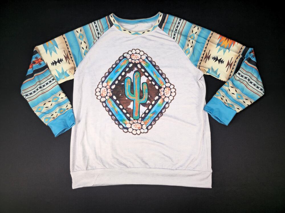 Womens Southwestern Aztec Cactus Graphic Pullover Sweatshirt Western Boho Size L